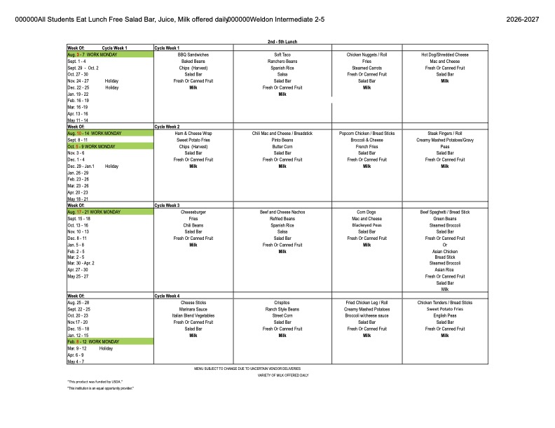 2026-2027 WES Lunch Menu